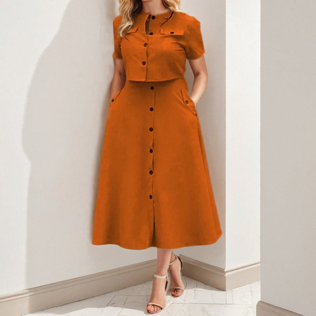 Women's Buttoned A-Line Fall Midi Dress Short Sleeve Pockets