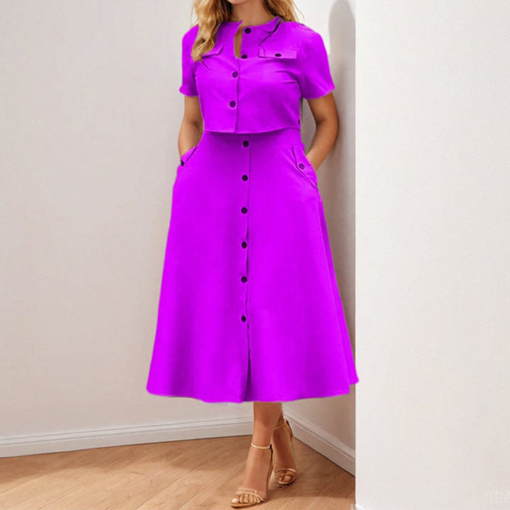 Women's Buttoned A-Line Fall Midi Dress Short Sleeve Pockets
