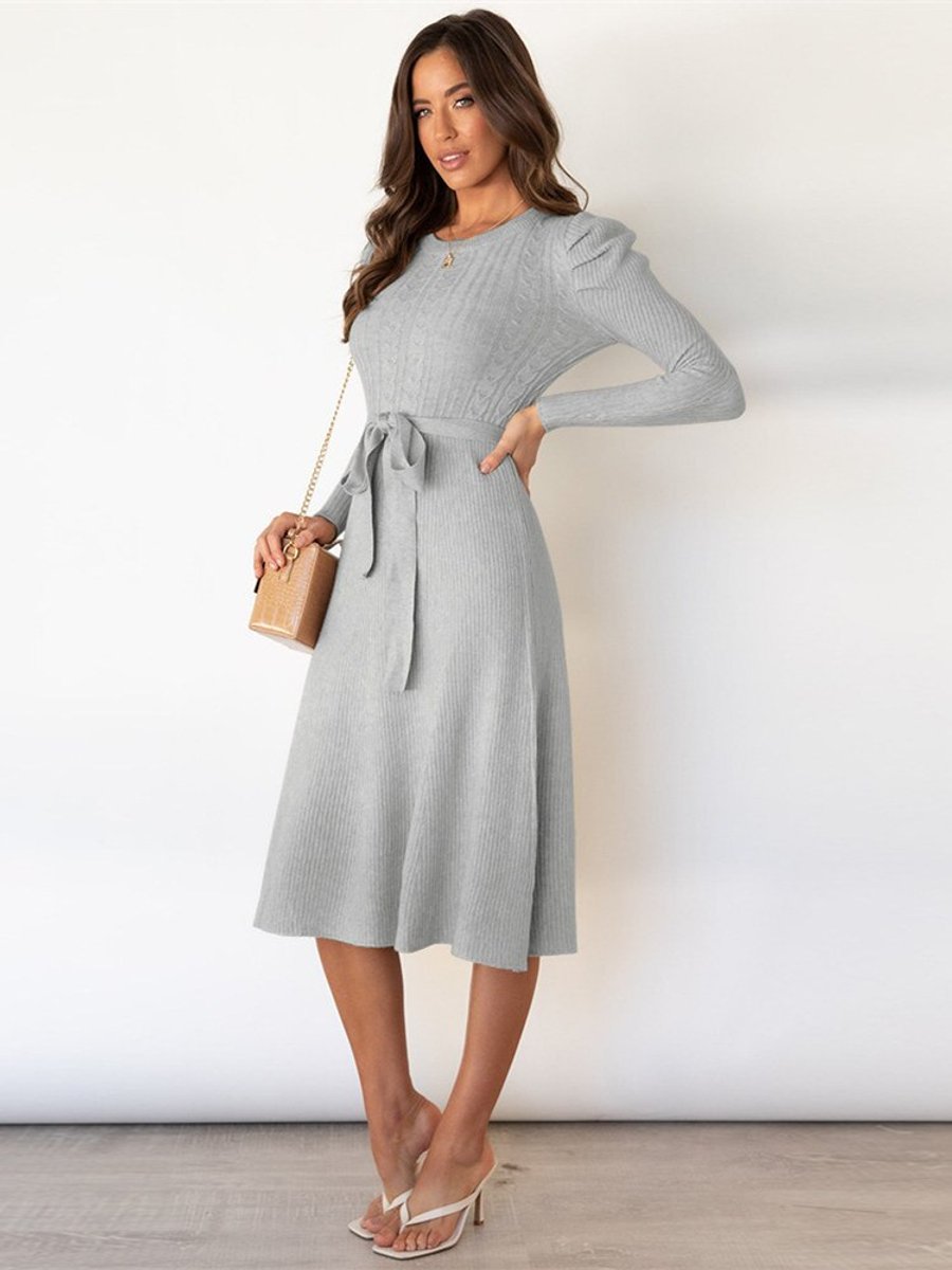 Women's Cable-Knit Belted Long-Sleeve Fall Midi Dress