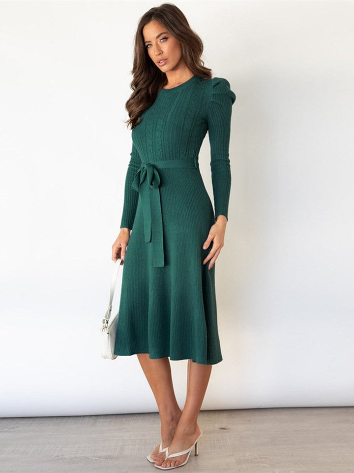 Women's Cable-Knit Belted Long-Sleeve Fall Midi Dress