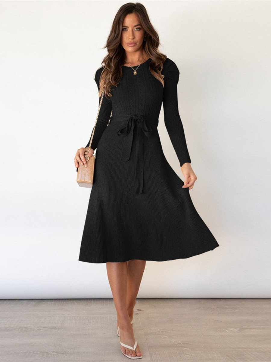 Women's Cable-Knit Belted Long-Sleeve Fall Midi Dress