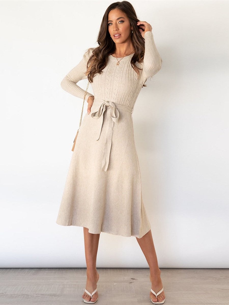 Women's Cable-Knit Long Sleeve Belted Fall Midi Dress