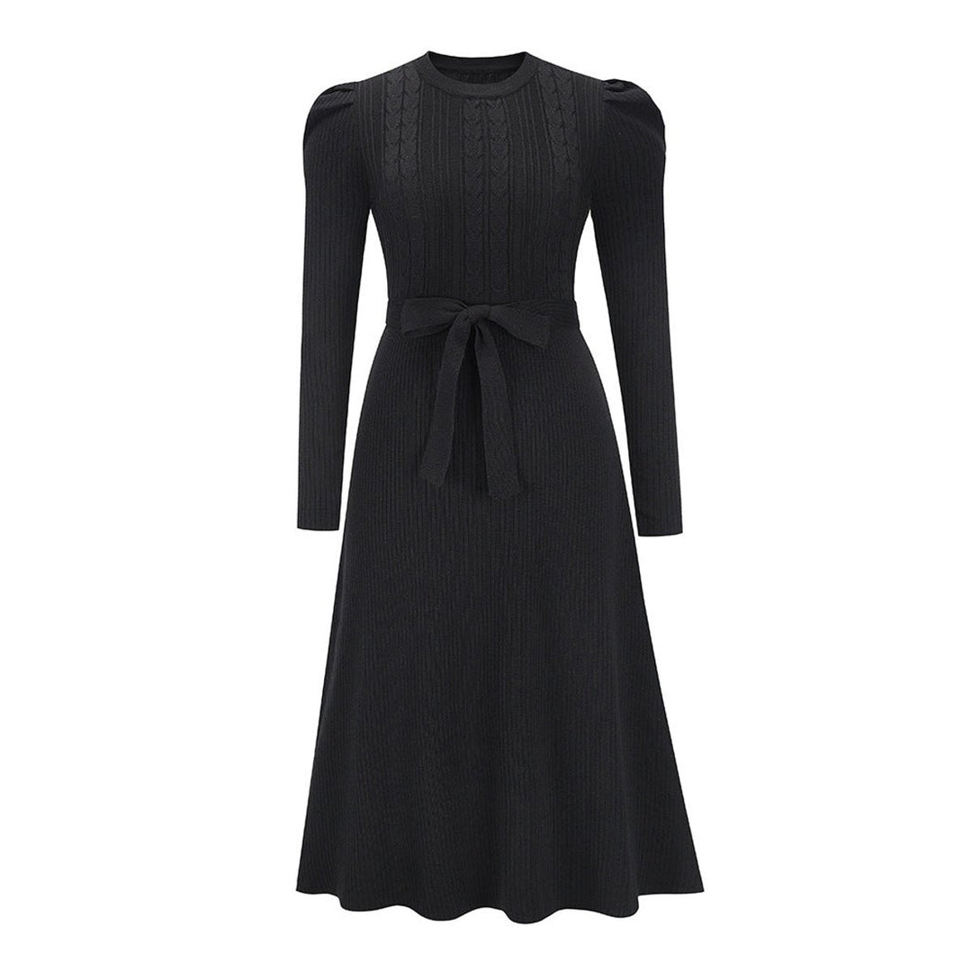 Women's Cable-Knit Long Sleeve Belted Fall Midi Dress