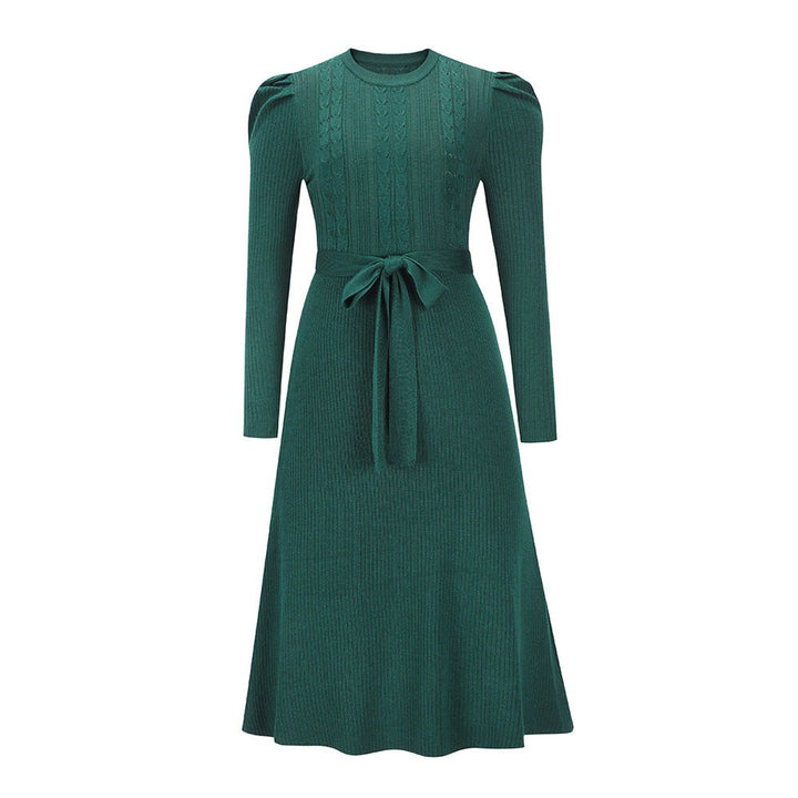 Women's Cable-Knit Long Sleeve Belted Fall Midi Dress