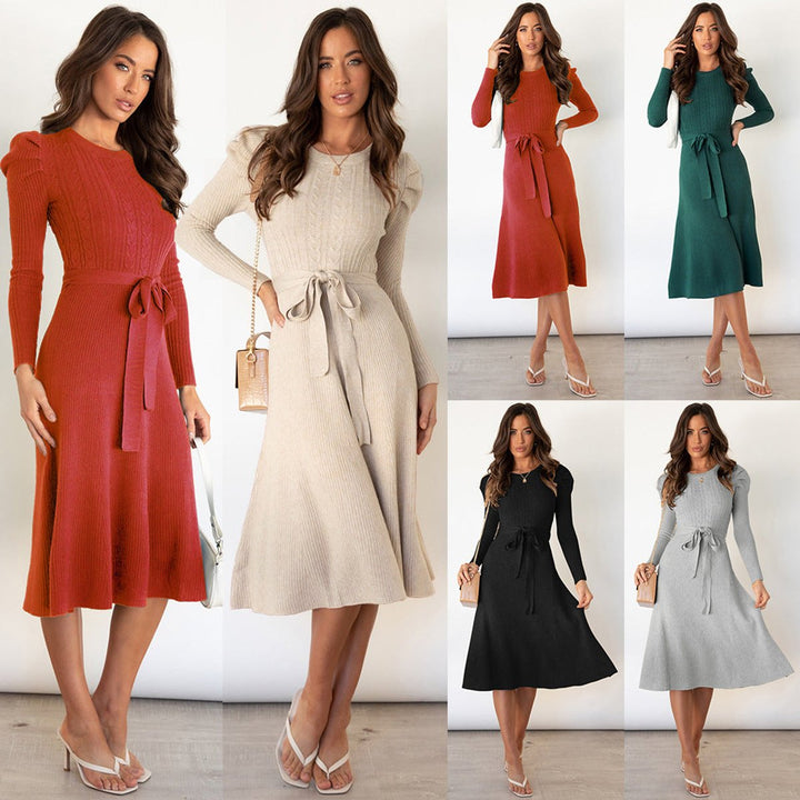 Women's Cable-Knit Long Sleeve Belted Fall Midi Dress