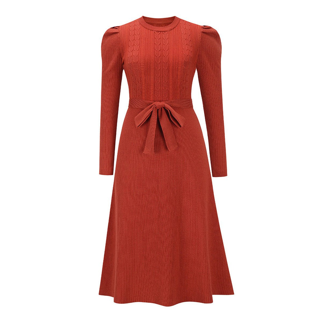 Women's Cable-Knit Long Sleeve Belted Fall Midi Dress