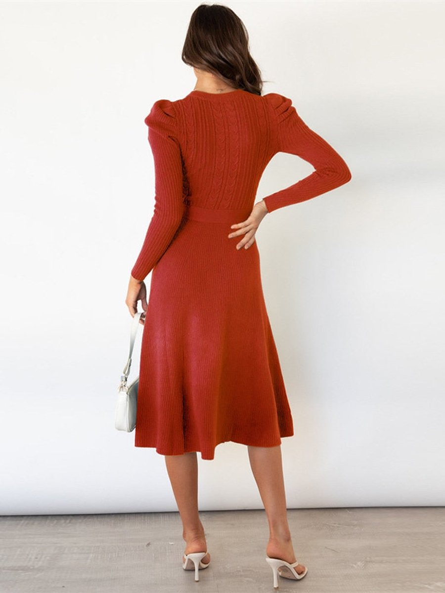 Women's Cable-Knit Long Sleeve Belted Fall Midi Dress