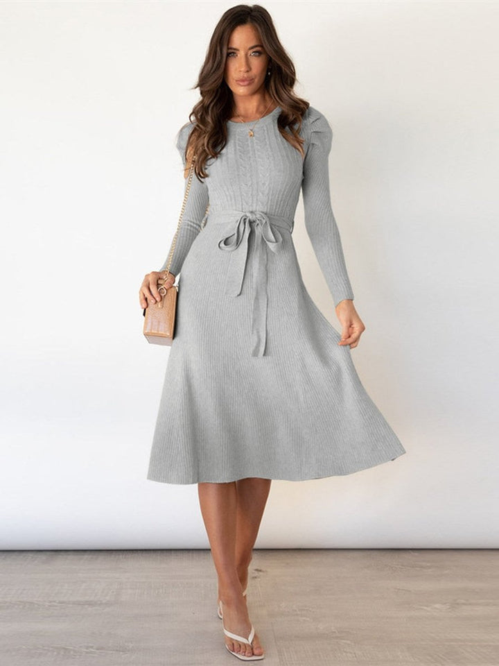 Women's Cable-Knit Long Sleeve Belted Fall Midi Dress