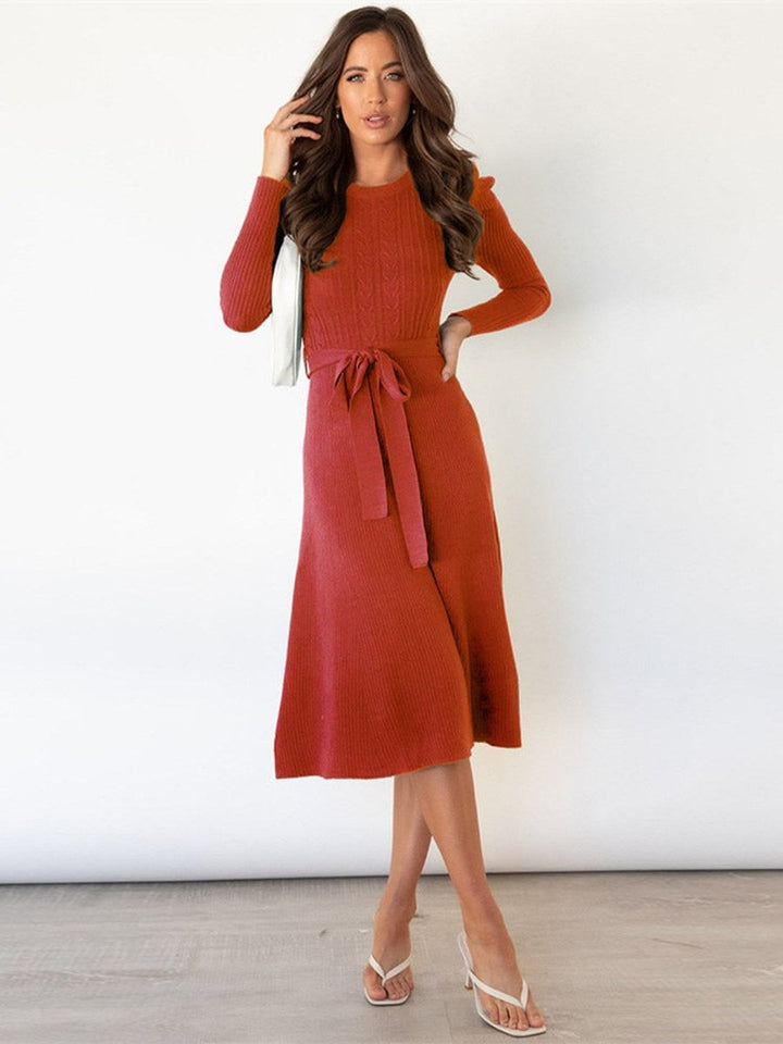 Women's Cable-Knit Long Sleeve Belted Fall Midi Dress