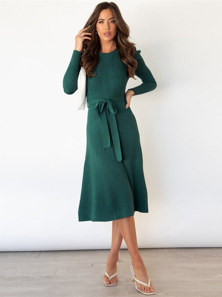 Women's Cable-Knit Long Sleeve Belted Fall Midi Dress