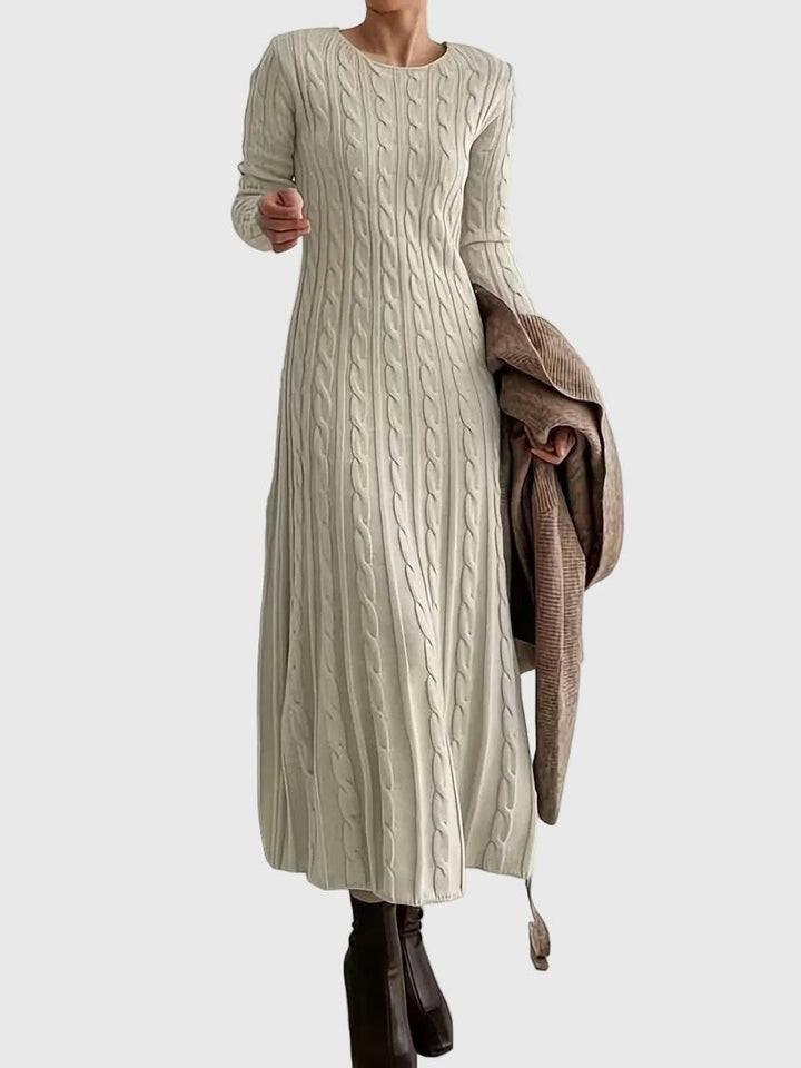 Women's Cable-Knit Long Sleeve Fall Dress Crew Neck Maxi Sweater Dress - Apricot