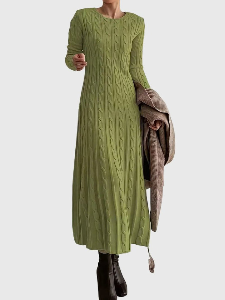 Women's Cable-Knit Long Sleeve Fall Dress Crew Neck Maxi Sweater Dress - Green