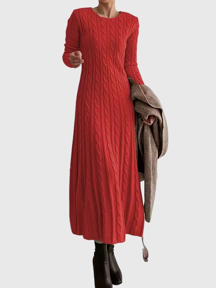 Women's Cable-Knit Long Sleeve Fall Dress Crew Neck Maxi Sweater Dress - Red