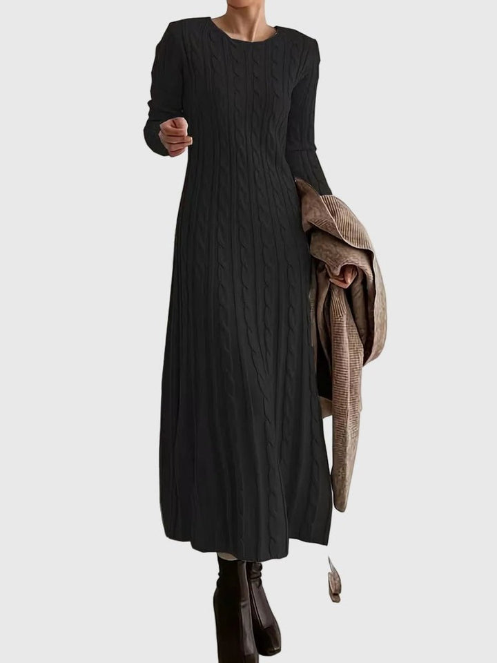 Women's Cable-Knit Long Sleeve Fall Dress Crew Neck Maxi Sweater Dress - Black