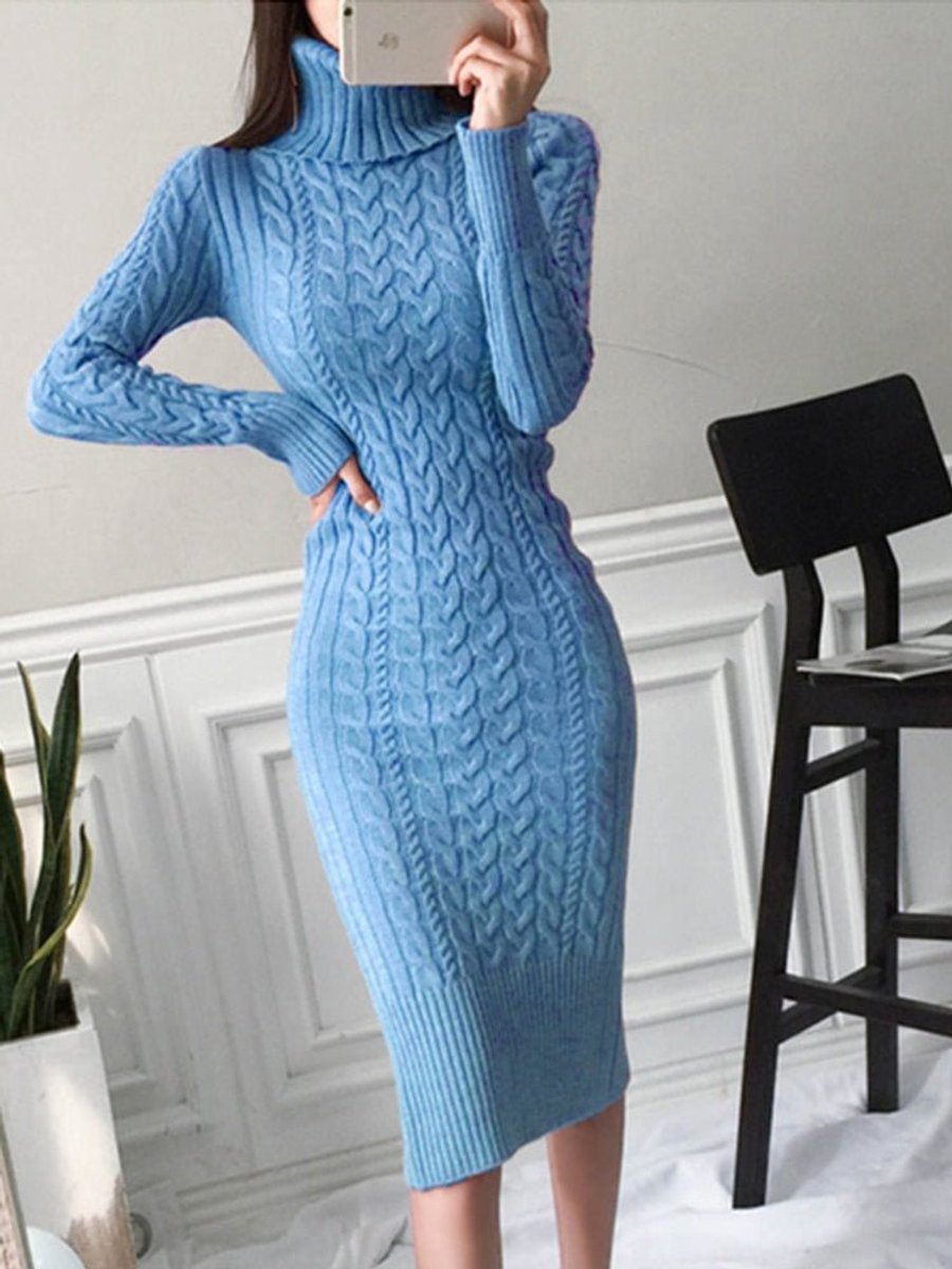 Women's Cable Knit Turtleneck Bodycon Fall Midi Dress