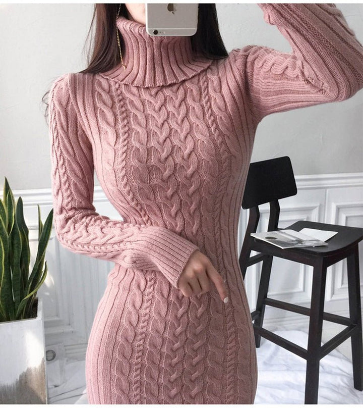 Women's Cable Knit Turtleneck Bodycon Fall Midi Dress
