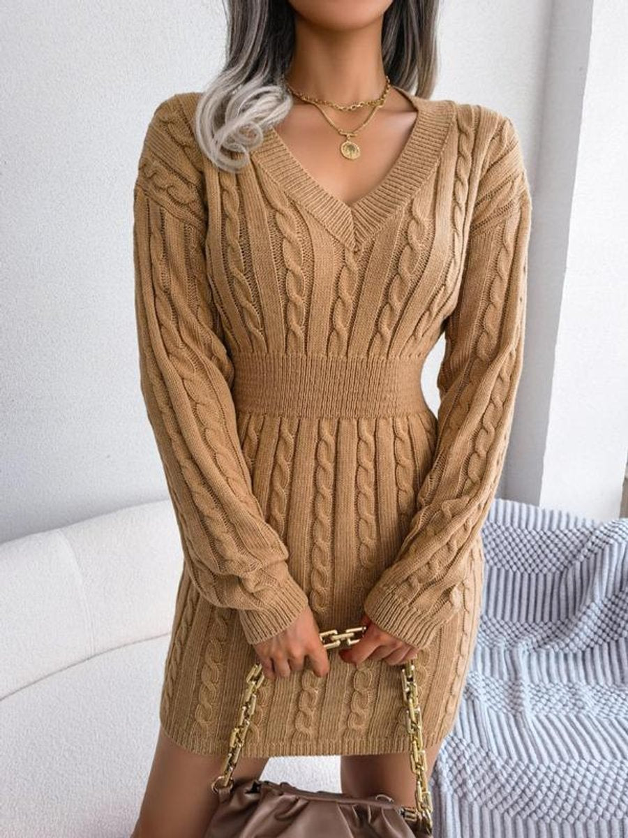 Women's Cable-Knit V-Neck Bodycon Long Sleeve Fall Dress - Khaki
