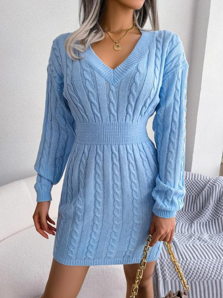 Women's Cable-Knit V-Neck Bodycon Long Sleeve Fall Dress - Blue