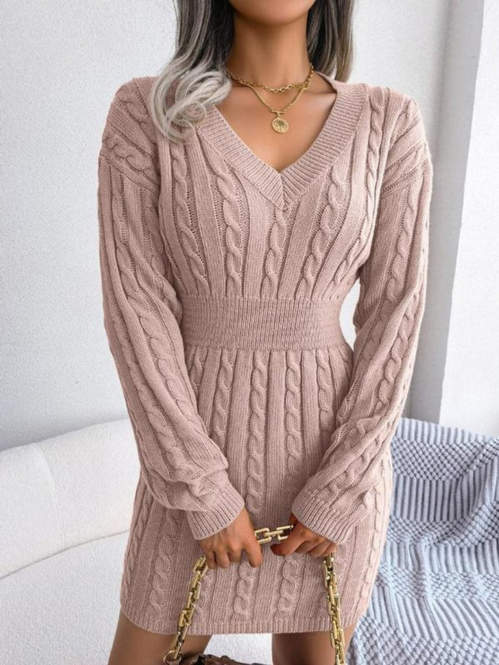 Women's Cable-Knit V-Neck Bodycon Long Sleeve Fall Dress - Pink