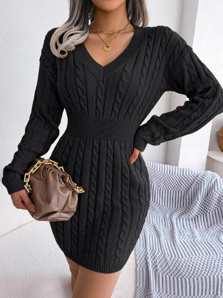Women's Cable-Knit V-Neck Bodycon Long Sleeve Fall Dress - Black