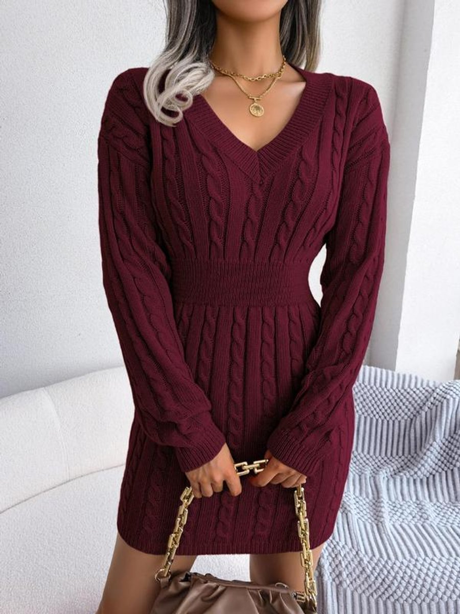 Women's Cable-Knit V-Neck Bodycon Long Sleeve Fall Dress - Burgundy