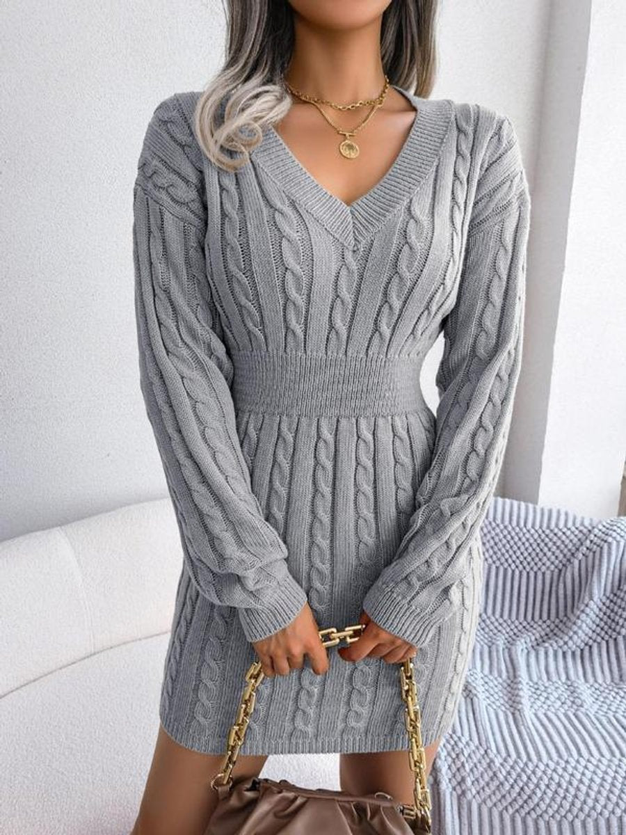 Women's Cable-Knit V-Neck Bodycon Long Sleeve Fall Dress - Grey