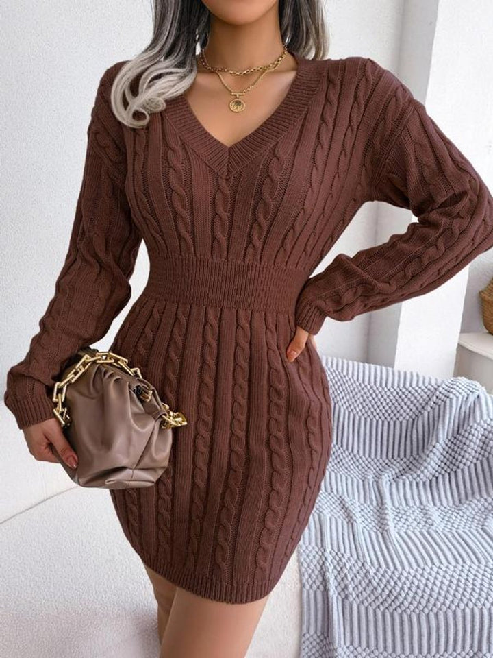 Women's Cable-Knit V-Neck Bodycon Long Sleeve Fall Dress - Coffee Brown