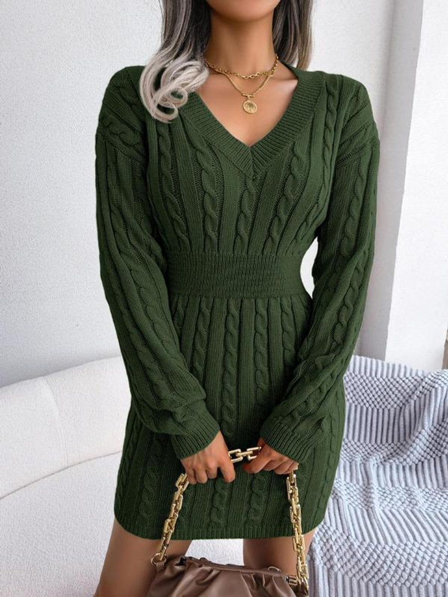 Women's Cable-Knit V-Neck Bodycon Long Sleeve Fall Dress - Army Green