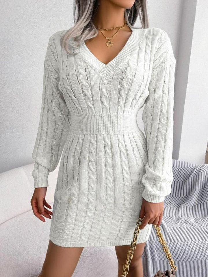 Women's Cable-Knit V-Neck Bodycon Long Sleeve Fall Dress - Off White