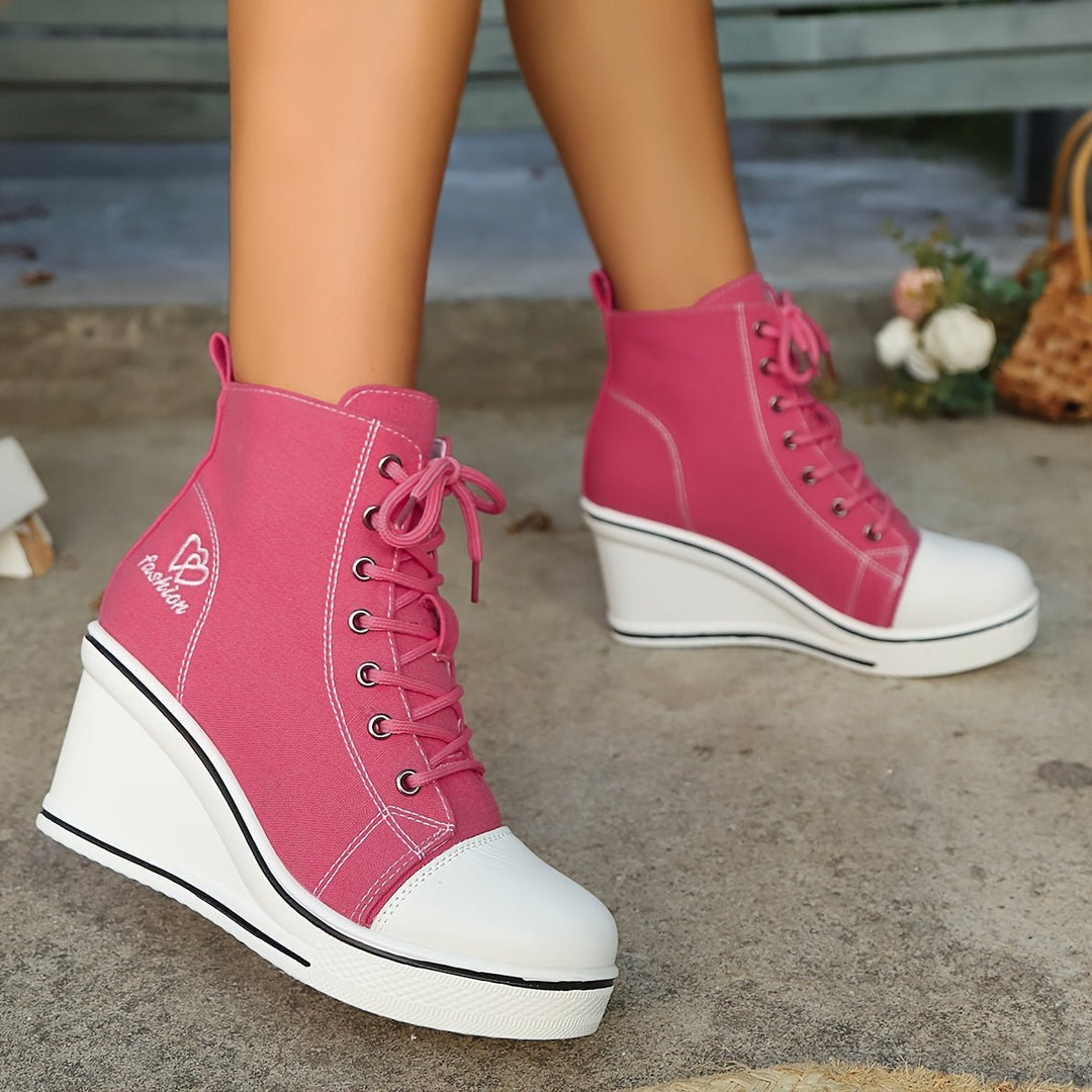 Women's Canvas Lace-Up Wedge Ankle Boots High-Top Sneaker