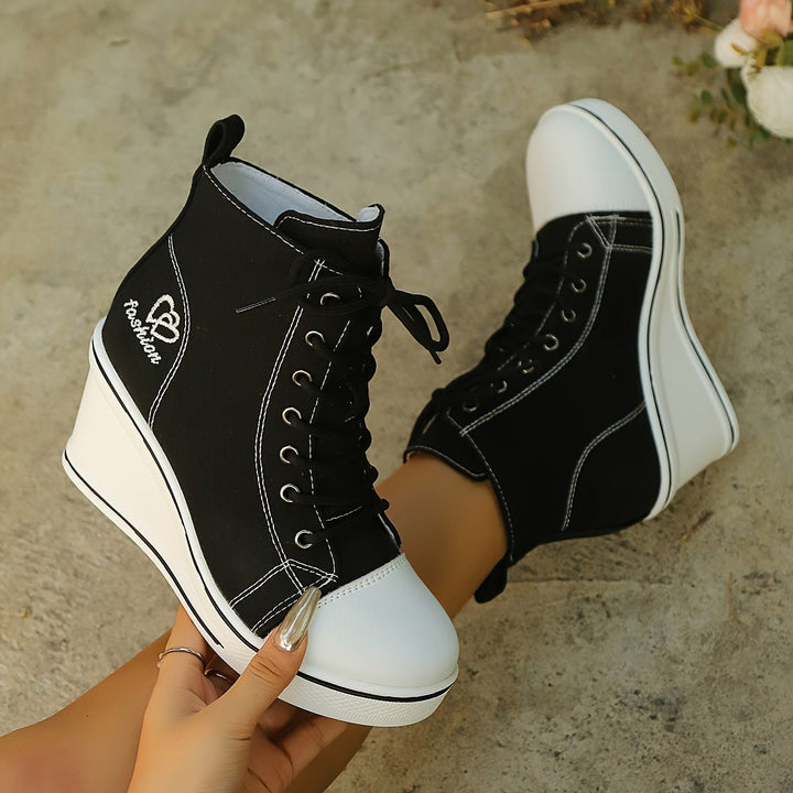Women's Canvas Lace-Up Wedge Ankle Boots High-Top Sneaker