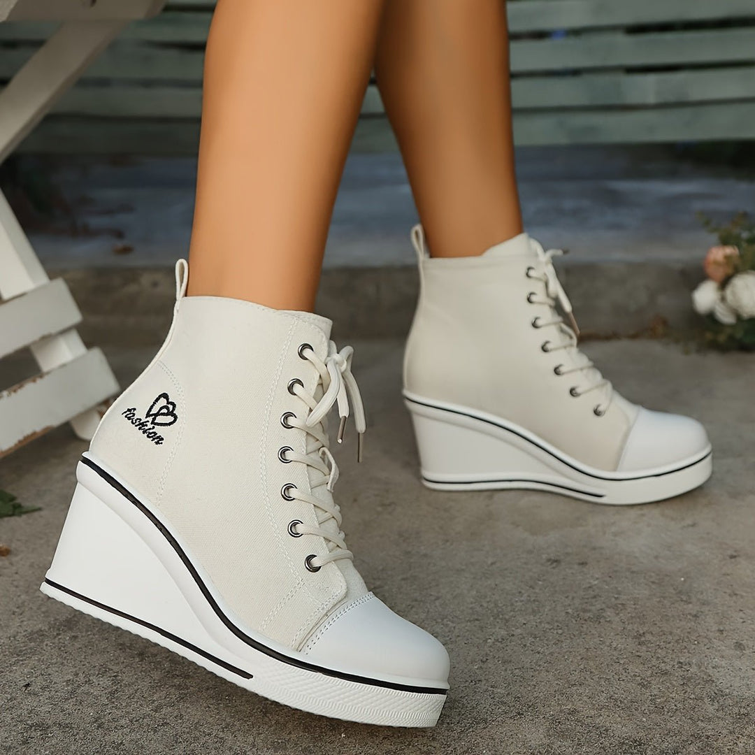 Women's Canvas Lace-Up Wedge Ankle Boots High-Top Sneaker