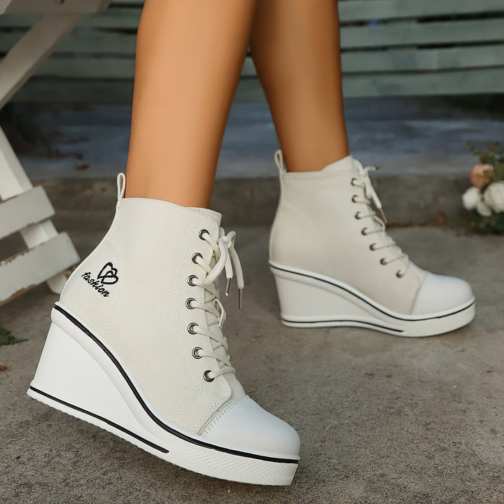Women's Canvas Lace-Up Wedge Ankle Boots High-Top Sneaker