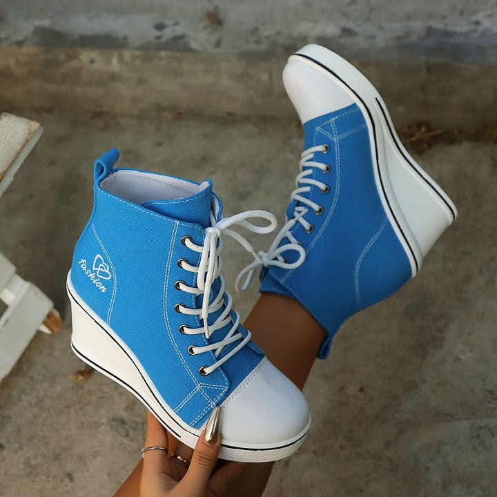 Women's Canvas Lace-Up Wedge Ankle Boots High-Top Sneaker