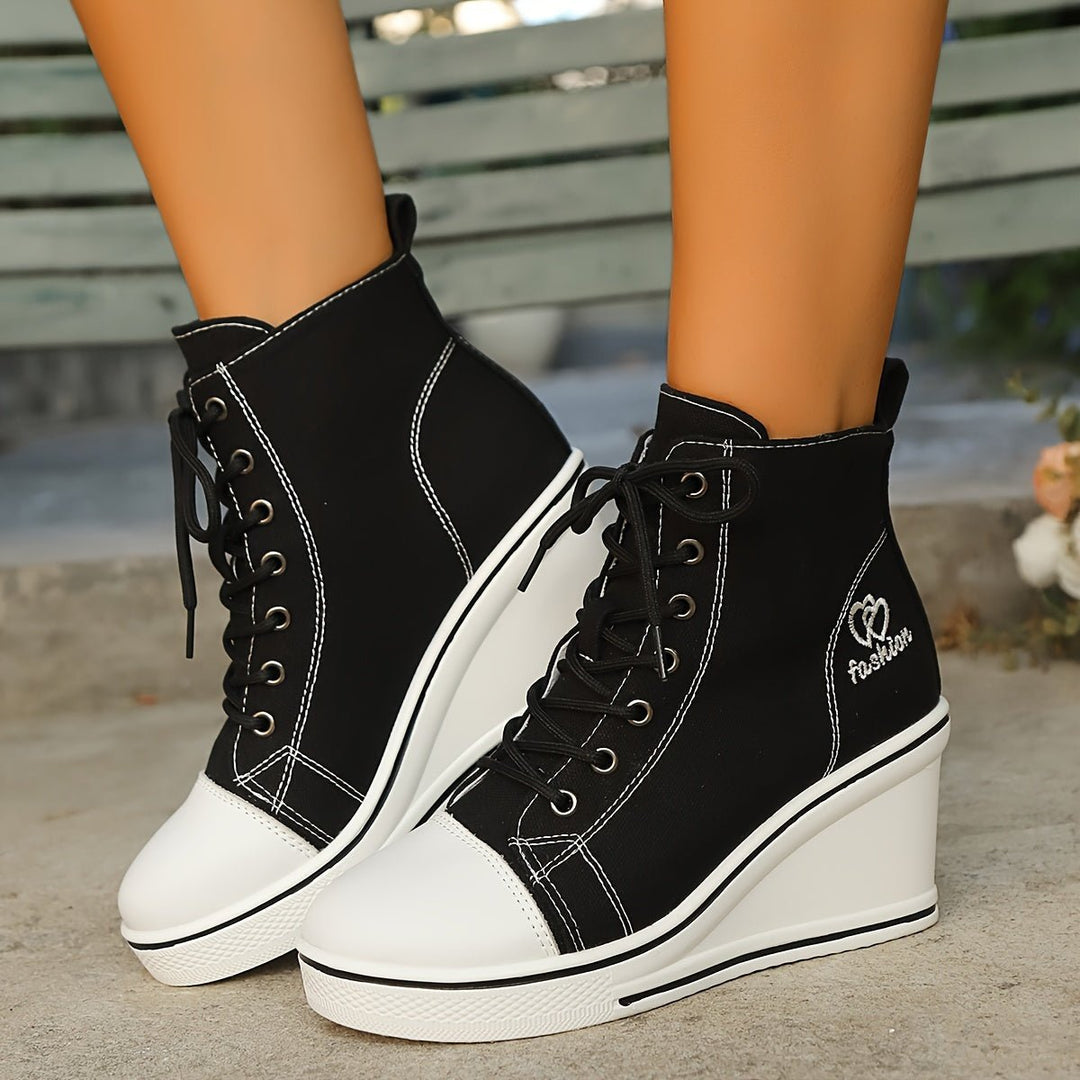 Women's Canvas Lace-Up Wedge Ankle Boots High-Top Sneaker