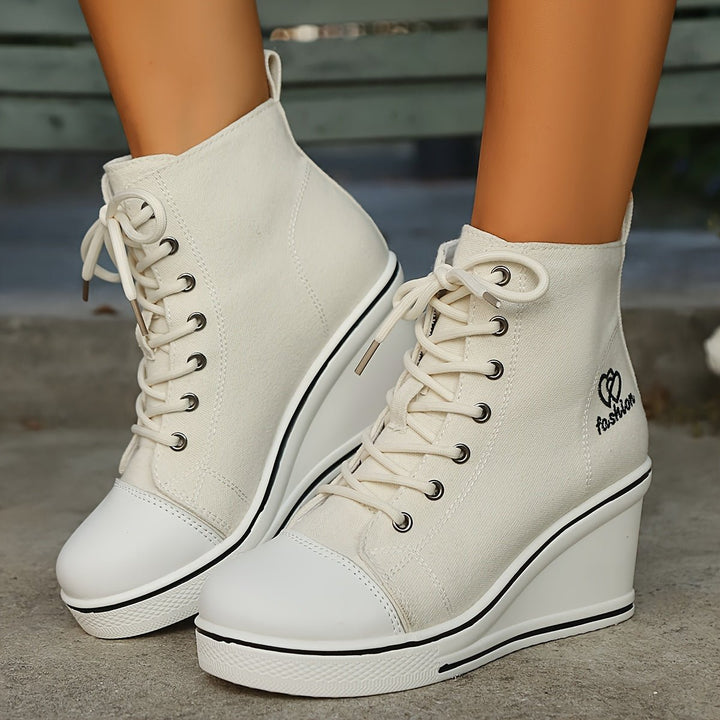 Women's Canvas Lace-Up Wedge Ankle Boots High-Top Sneaker