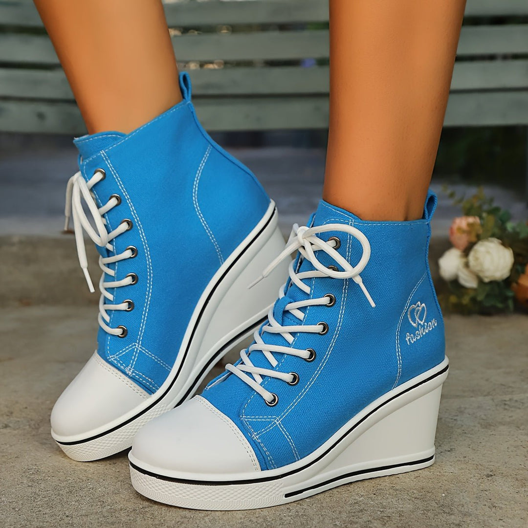 Women's Canvas Lace-Up Wedge Ankle Boots High-Top Sneaker
