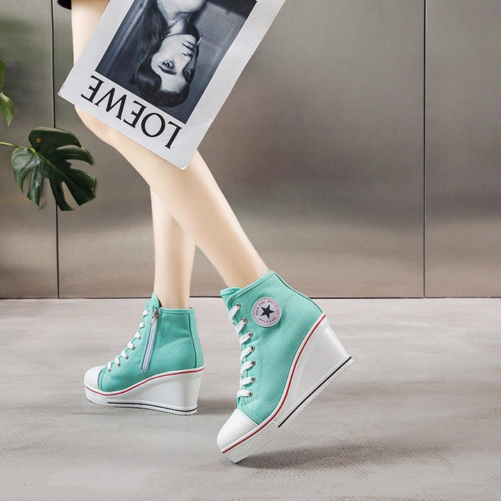 Women's Canvas Lace-Up Wedge Ankle Boots High-Top Sneaker