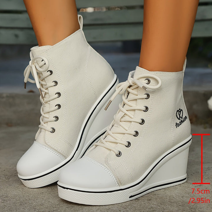 Women's Canvas Lace-Up Wedge Ankle Boots High-Top Sneaker