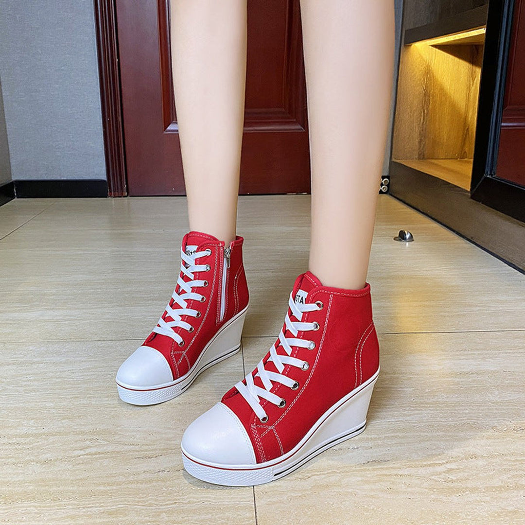 Women's Canvas Lace-Up Wedge Ankle Boots High-Top Sneaker