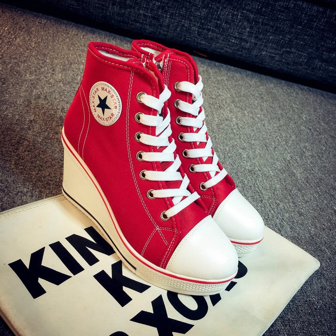 Women's Canvas Lace-Up Wedge Ankle Boots High-Top Sneaker