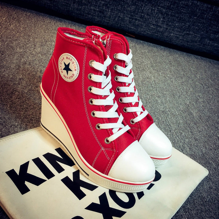 Women's Canvas Lace-Up Wedge Ankle Boots High-Top Sneaker