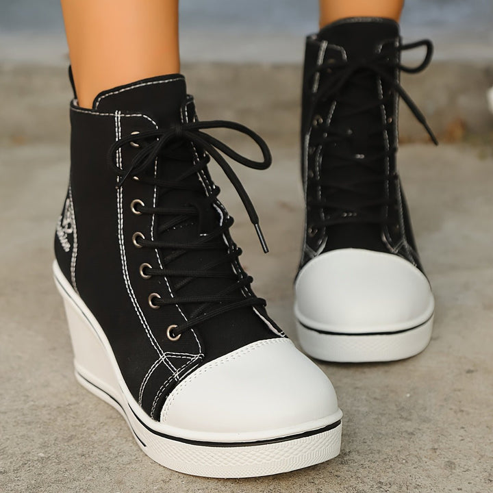 Women's Canvas Lace-Up Wedge Ankle Boots High-Top Sneaker