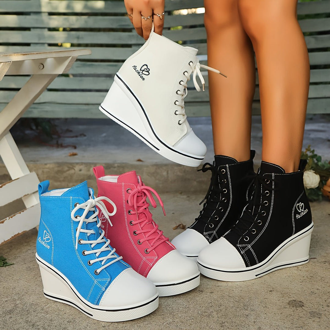 Women's Canvas Lace-Up Wedge Ankle Boots High-Top Sneaker