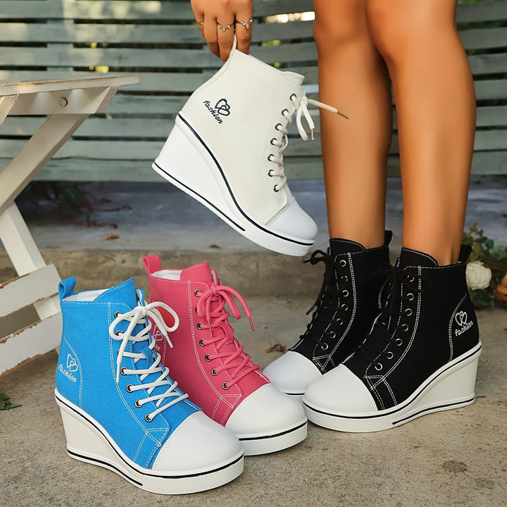 Women's Canvas Lace-Up Wedge Ankle Boots High-Top Sneaker