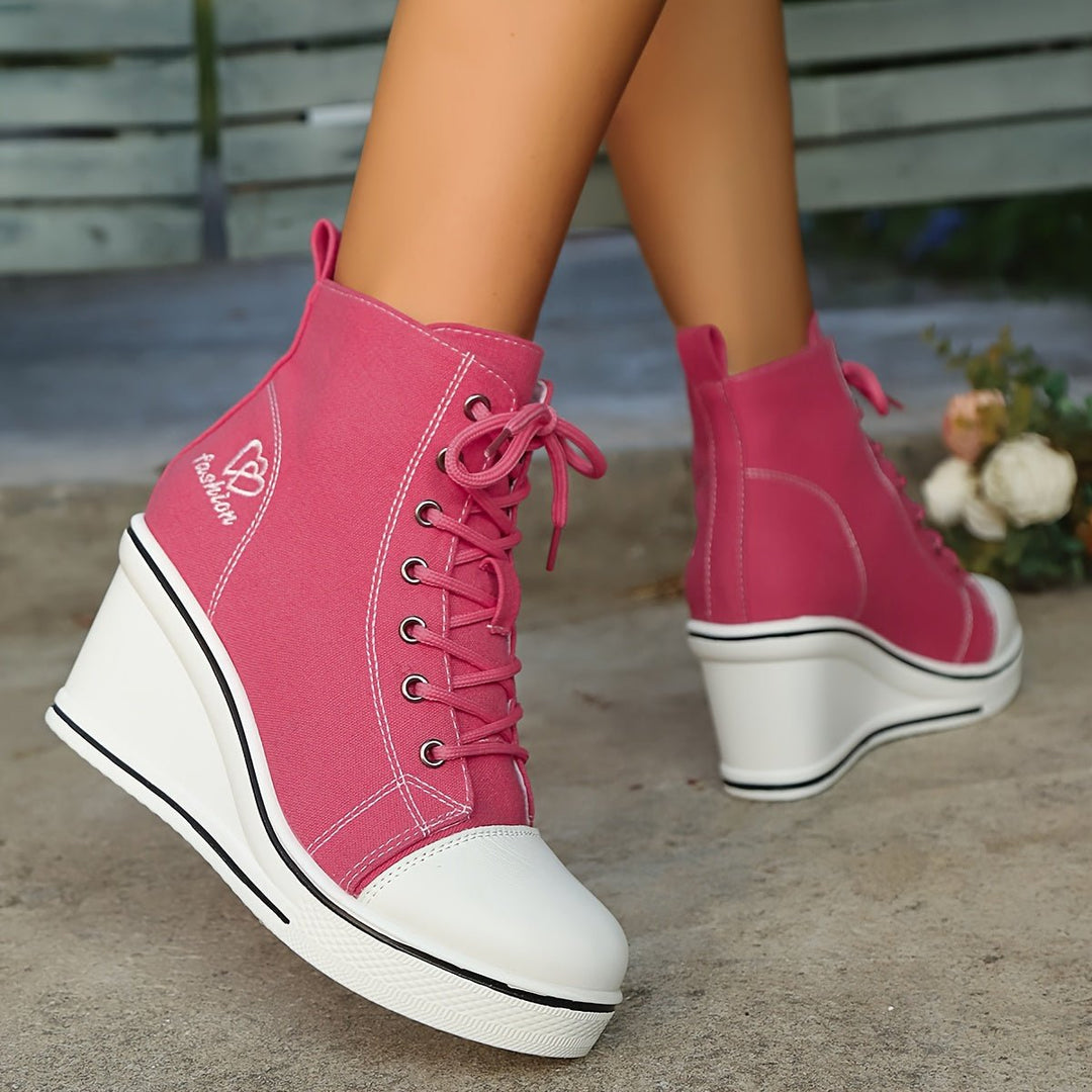 Women's Canvas Lace-Up Wedge Ankle Boots High-Top Sneaker