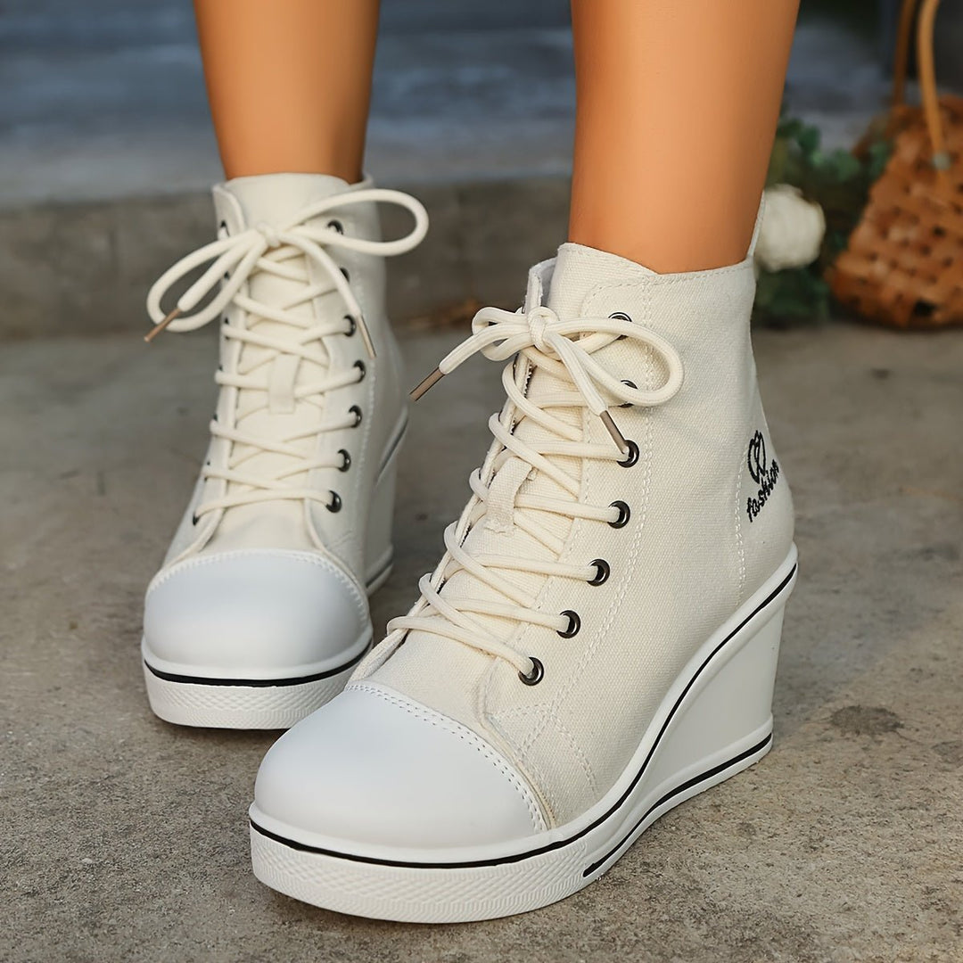 Women's Canvas Lace-Up Wedge Ankle Boots High-Top Sneaker