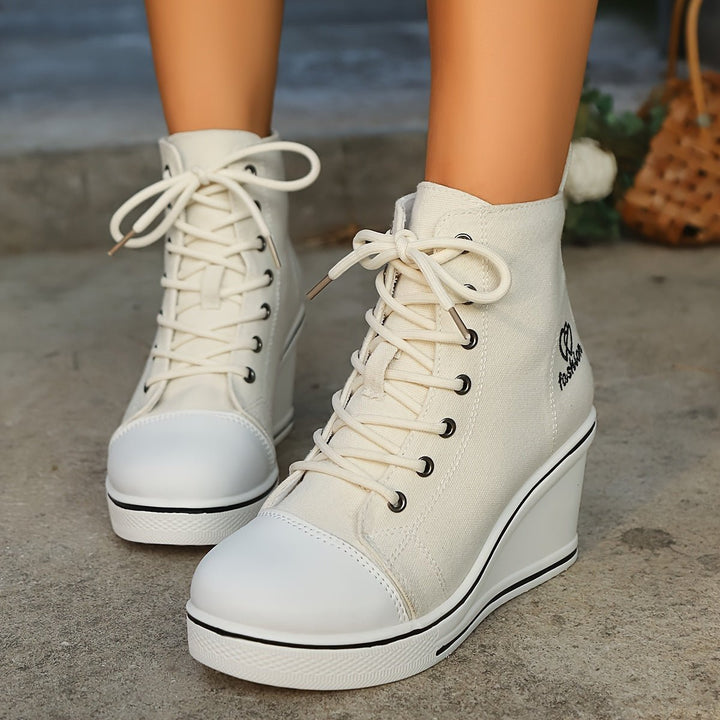 Women's Canvas Lace-Up Wedge Ankle Boots High-Top Sneaker