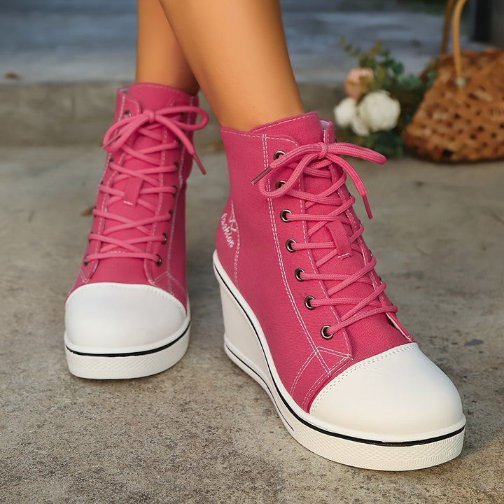 Women's Canvas Lace-Up Wedge Ankle Boots High-Top Sneaker