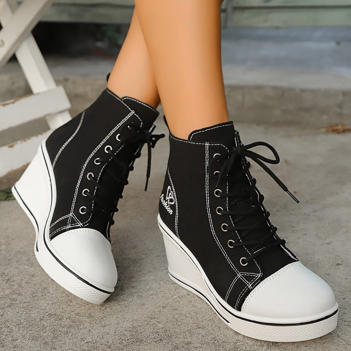 Women's Canvas Lace-Up Wedge Ankle Boots High-Top Sneaker